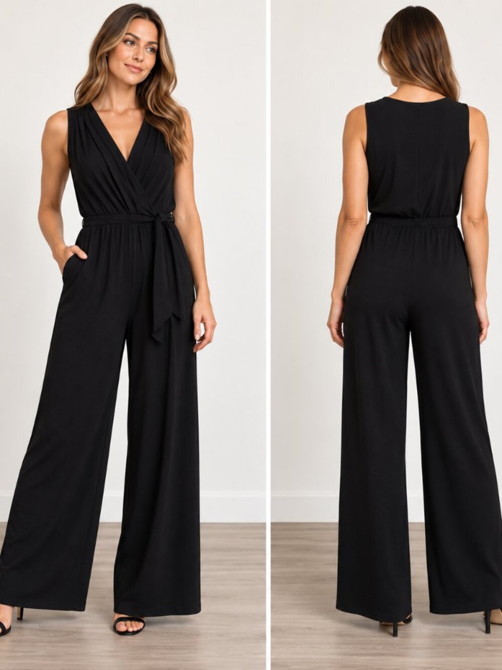 Tahari Faux Wrap Wide Leg Jumpsuit Women Black Sleeveless Stretch Size S